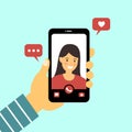 Video call with love one concept vector illustration. Man hand holding smartphone with girlfriend on screen. Royalty Free Stock Photo