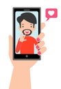 Video call with loved one. Female hand holding smartphone with boyfriend on screen. Online dating Royalty Free Stock Photo