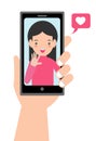 Video call with loved one. male hand holding smartphone with grilfriend on screen. Online dating Royalty Free Stock Photo