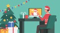 Online Christmas concept, man video calling to say hi Santa Claus on a computer at home