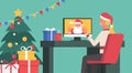 Online Christmas concept, woman video calling to say hi Santa Claus on a computer at home