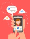 Video call online on smartphone vector illustration, hand holding smartphone with smiling girl on screen. Chatting on phone Royalty Free Stock Photo