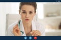 Video call screen of medical doctor woman explaining something