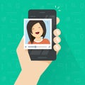 Video call on smartphone vector , flat cartoon girl calling via mobile phone and video communication technology