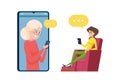 Video call to parents. Daughter and mother talking phone. Happy grandmother and granddaughter, elderly woman with