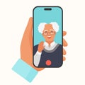 Video call to senior man, hand holding phone to talk to elderly person on screen