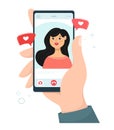 Video call with your girlfriend. A male hand holds a smartphone, on the screen is his girlfriend. Vector video call concept in car