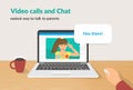 Video calls and chat concept flat vector illustration of happy girl talking to her parent