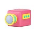 Video camera 3d icon. Red media device with yellow lens and buttons.