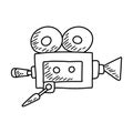 Video camera hand drawn outline doodle icon. Motion movie, film and cinema camera with reels vector sketch illustration Royalty Free Stock Photo