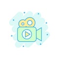 Video camera icon in comic style. Movie play vector cartoon illustration pictogram. Video streaming business concept splash effect