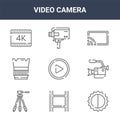 9 video camera icons pack. trendy video camera icons on white background. thin outline line icons such as brightness and contrast