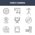 9 video camera icons pack. trendy video camera icons on white background. thin outline line icons such as video camera, dvd, Royalty Free Stock Photo