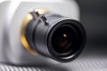 Video camera lens closeup. CCTV Security Camera Royalty Free Stock Photo