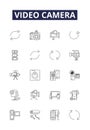 Video camera line vector icons and signs. Videocorder, VCR, Monitor, Film, Lens, Viewfinder, Tripod, Record outline