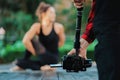 Video camera man operator working with professional equipment,filming recording. Cameraman shooting video of yoga Royalty Free Stock Photo