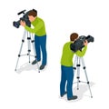 Video camera operator working with his professional equipment on white background. Flat 3d vector isometric