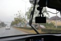 Video camera recorder inside car driving rainy day Royalty Free Stock Photo