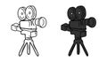 Video camera for recording movies and scenes as a symbol of cinema and retro in black isolated on white background. Hand