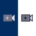 Video, Camera, Ui  Icons. Flat and Line Filled Icon Set Vector Blue Background Royalty Free Stock Photo