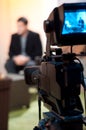 Vertical shot of a video camera viewfinder, recording show in a TV studio Royalty Free Stock Photo