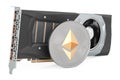 Video card with ethereum, mining concept. 3D rendering