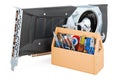 Video card GPU with toolbox. Service and repair of video card GPU, 3D rendering Royalty Free Stock Photo