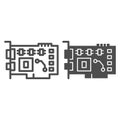 Video card line and solid icon. Circuit board with integrated memory and gpu symbol, outline style pictogram on white Royalty Free Stock Photo