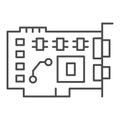 Video card thin line icon. Circuit board with integrated memory and gpu symbol, outline style pictogram on white Royalty Free Stock Photo