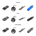 Video card, virus, flash drive, cable. Personal computer set collection icons in cartoon,black,monochrome style vector Royalty Free Stock Photo