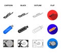 Video card, virus, flash drive, cable. Personal computer set collection icons in cartoon,black,outline,flat style vector Royalty Free Stock Photo