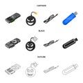 Video card, virus, flash drive, cable. Personal computer set collection icons in cartoon,black,outline style vector Royalty Free Stock Photo