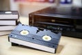 Video cassette tape VHS old retro style stack on video record player
