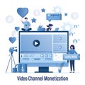 Video channel or blog monetization. Group of subscribers comments and follows to vlog. Camera on tripod. Monitor with video blog