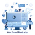 Video channel or blog monetization. Various women subscribers comments and follows to vlog. Monitor with video blog on screen.