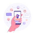 Video chat application concept. FEale hand holding smart phone with young man with beard on display. Flat vector illustration Royalty Free Stock Photo