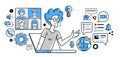 Video chat, young people are speaking remote about business and work, vector outline conference, online chatting team of workers, Royalty Free Stock Photo