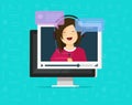 Video chatting online on computer vector illustration, flat cartoon video player window with speaking happy girl and