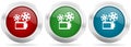 Video, cinema vector icon set. Red, blue and green silver metallic web buttons with chrome border Royalty Free Stock Photo