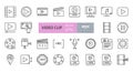 Video clip set of 28 icons with editable stroke. Vector illustration of sound recording, play, watching videos, listening to music