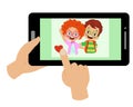 video Conference. Cute little Kid using tablet for video call with friend. Children happy smile using internet technology for