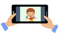 video Conference. Cute little Kid using tablet for video call with friend. Children happy smile using internet technology for