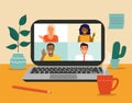 Video conference of different people. Laptop on the desk. Vector flat cartoon style illustration