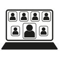 Video conference icon. Laptop screen display. Multiple user profiles. Online meeting concept.