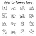 Video conference icons set in thin line style