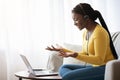 Video Conference. Positive Black Lady Having Web Call On Laptop At Home