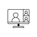 Video conference vector icon. People on computer screen illustration sign. Home office in quarantine times symbol. Digital commun