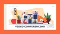 Video Conference, Webcam Group Teleconference Landing Page Template. Business Characters, Office Employees Chat