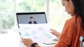 Video conference, Work from home, Asian man and woman making video call to business team with virtual web, Contacting asia Royalty Free Stock Photo