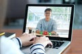 Video conference, Work from home, Asian man and woman making video call to business team with virtual web, Contacting asia Royalty Free Stock Photo